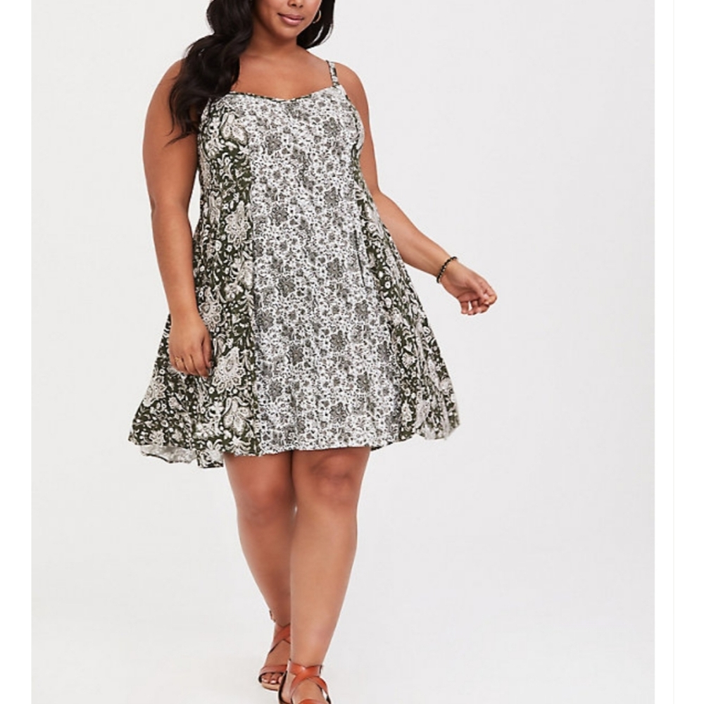 Olive green mixed print challis trapeze dress